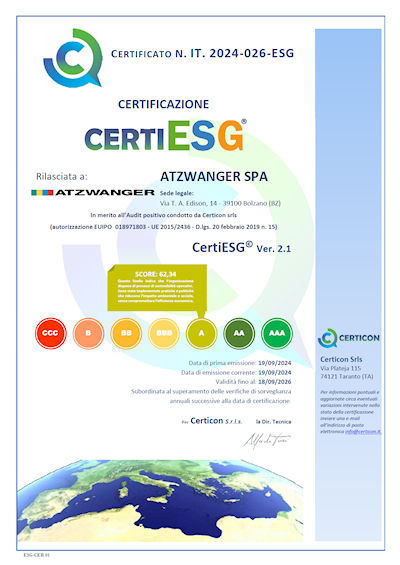 Certificato certiESG della Atzwanger S.p.A.